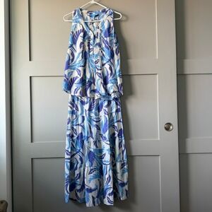Blueginger 2 Piece Skirt Set Womens XS Blue White Tropical Leaf Pintuck Midi